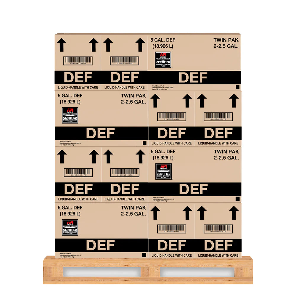 Front image of DEF Diesel Exhaust fluid twin packs of 18.9 liters on a pallet containing 40 cases of 80 jugs.